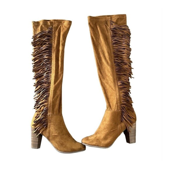 Breckelles Tan Fringe Heeled Boots - Picture 1 of 12